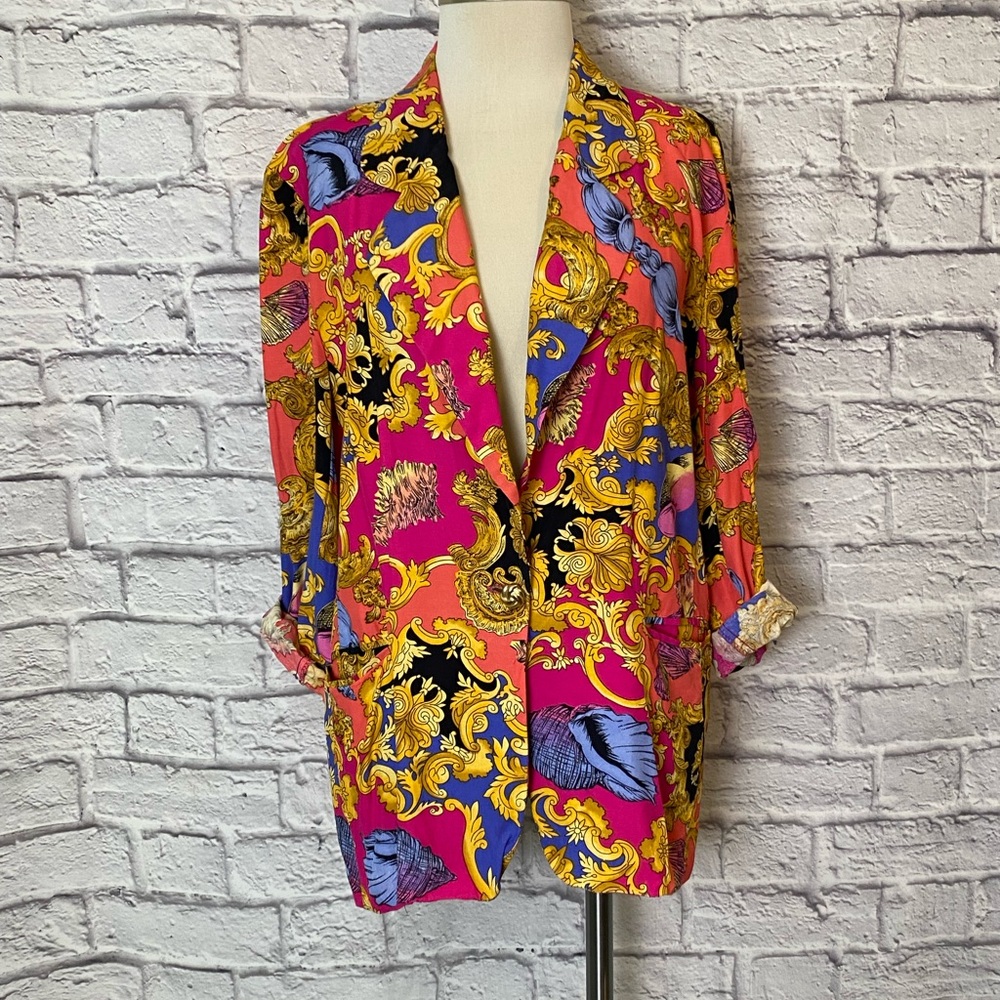 Vintage 🐚 Gorgeous Single-Button Blazer. Seashell & Filigree Motif. Size 8.